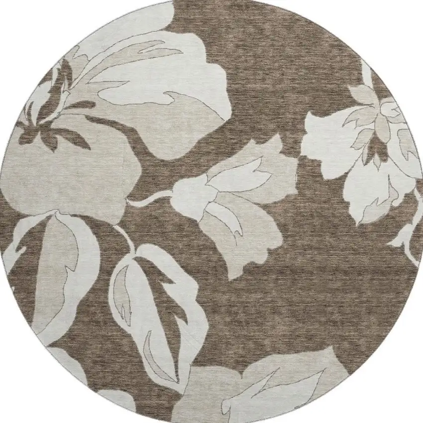 8' Brown And Ivory Floral Washable Round Rug With UV Protection Photo 3