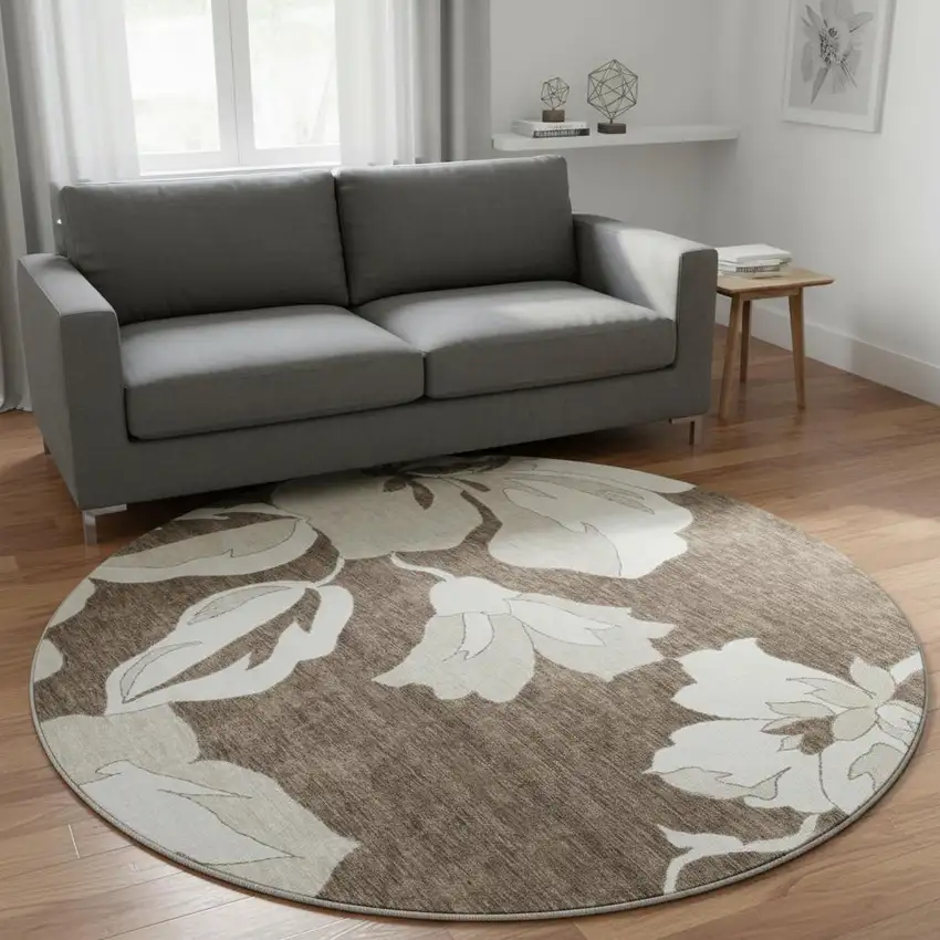 8' Brown And Ivory Floral Washable Round Rug With UV Protection Photo 2