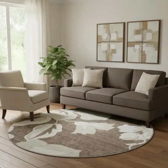 8' Brown And Ivory Floral Washable Round Rug With UV Protection Photo 1