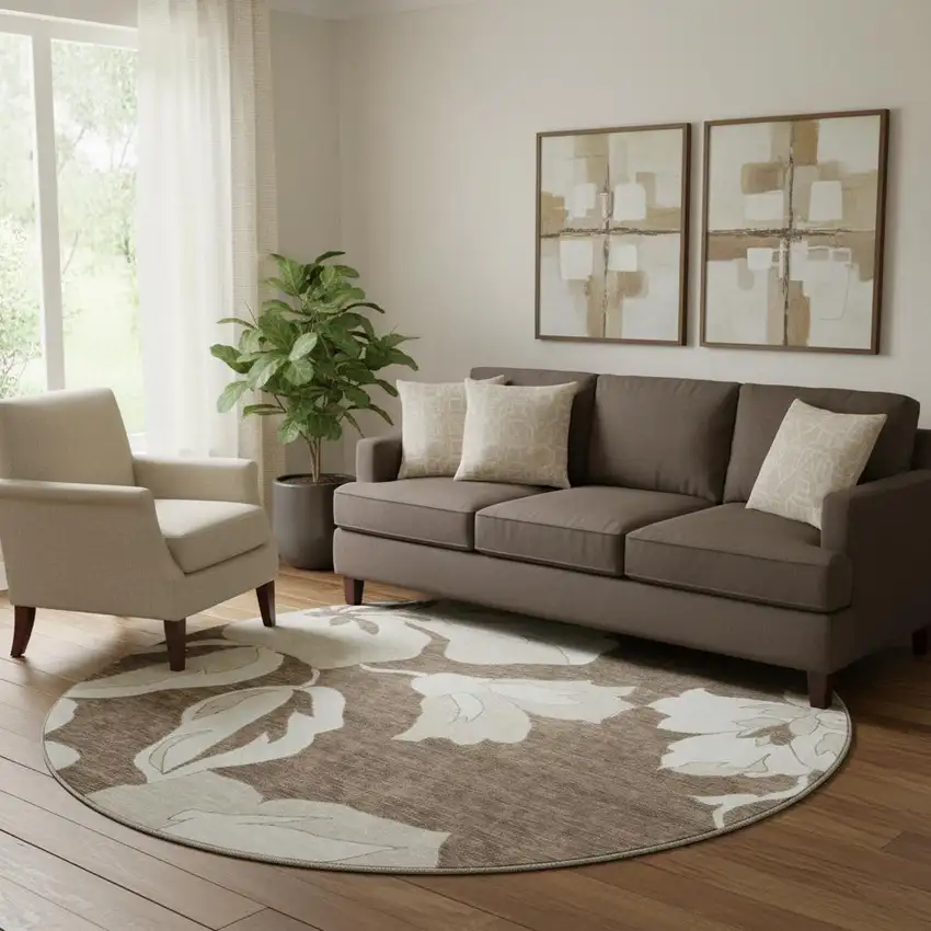 8' Brown And Ivory Floral Washable Round Rug With UV Protection Photo 1