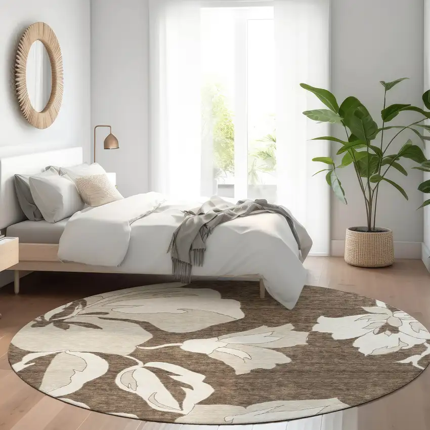 8' Brown And Ivory Floral Washable Round Rug With UV Protection Photo 5