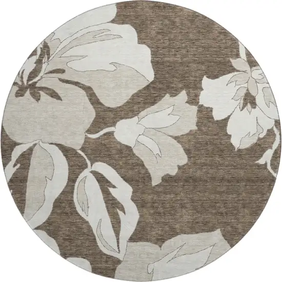 8' Brown And Ivory Floral Washable Round Rug With UV Protection Photo 1