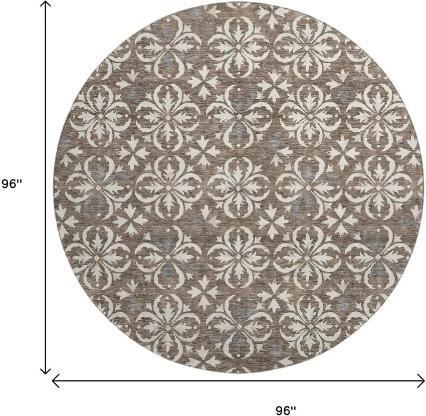 8' Brown And Ivory Floral Washable Round Rug With UV Protection Photo 9