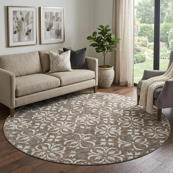 8' Brown And Ivory Floral Washable Round Rug With UV Protection Photo 1