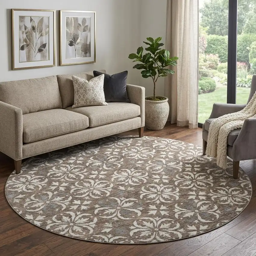 8' Brown And Ivory Floral Washable Round Rug With UV Protection Photo 1