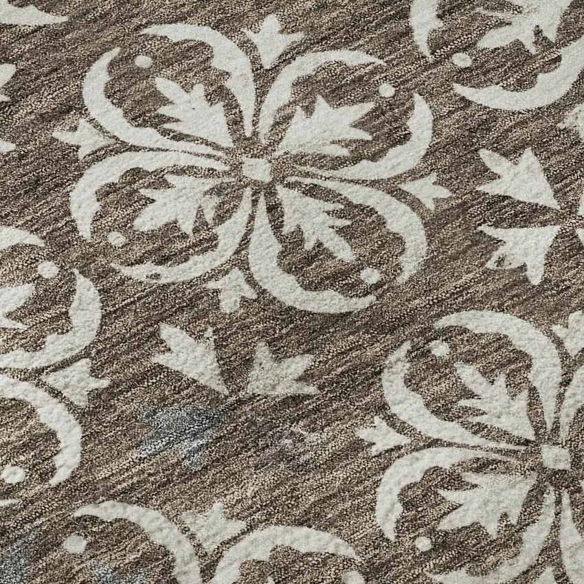 8' Brown And Ivory Floral Washable Round Rug With UV Protection Photo 8