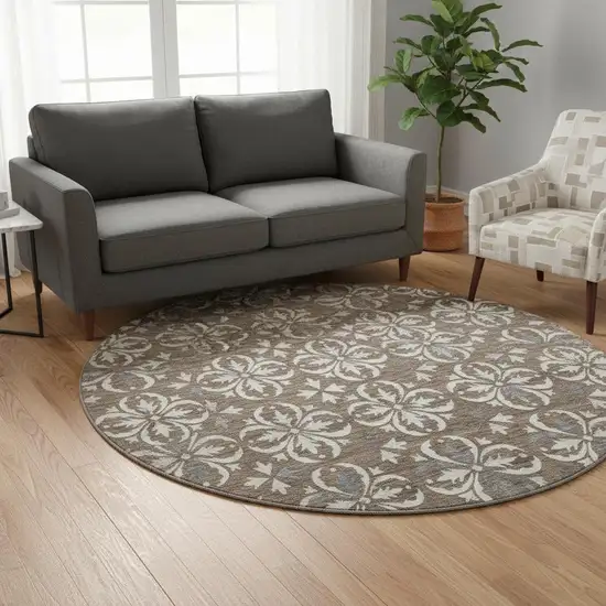 8' Brown And Ivory Floral Washable Round Rug With UV Protection Photo 2