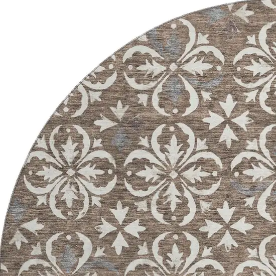 8' Brown And Ivory Floral Washable Round Rug With UV Protection Photo 3