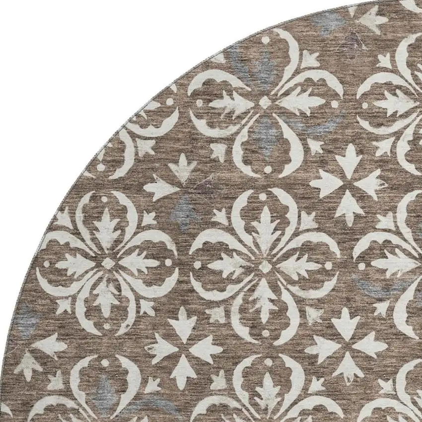 8' Brown And Ivory Floral Washable Round Rug With UV Protection Photo 3