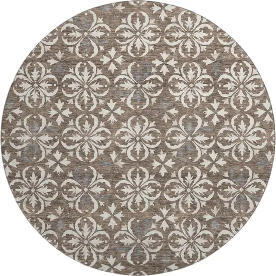 8' Brown And Ivory Floral Washable Round Rug With UV Protection Photo 1