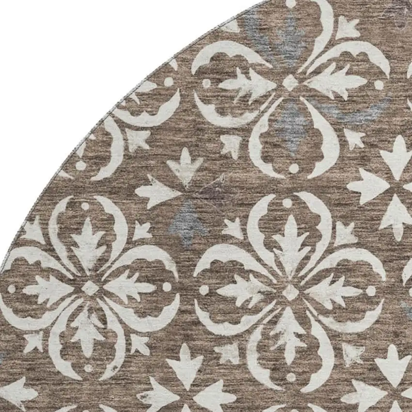 8' Brown And Ivory Floral Washable Round Rug With UV Protection Photo 2