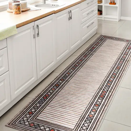 8' Brown And Ivory Geometric Indoor Outdoor Runner Rug Photo 6