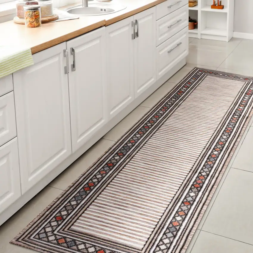 8' Brown And Ivory Geometric Indoor Outdoor Runner Rug Photo 6