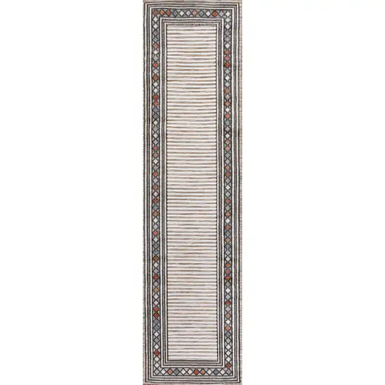 8' Brown And Ivory Geometric Indoor Outdoor Runner Rug Photo 1