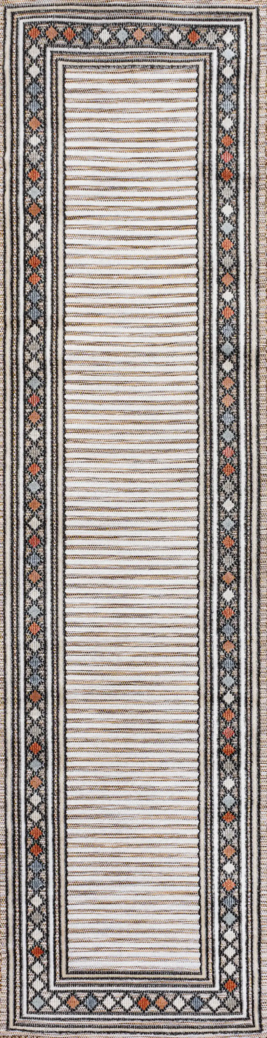 8' Brown And Ivory Geometric Indoor Outdoor Runner Rug Photo 1