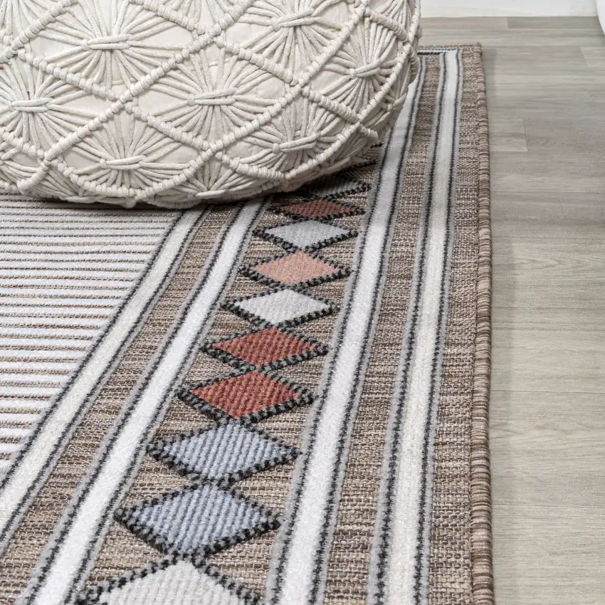 8' Brown And Ivory Geometric Indoor Outdoor Runner Rug Photo 6