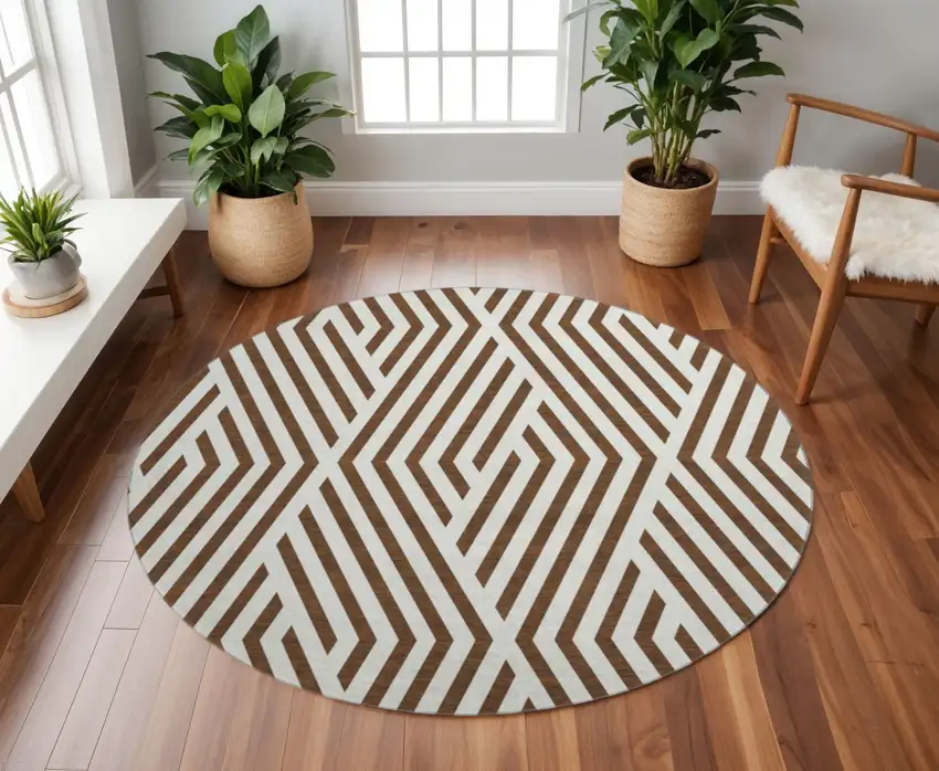 8' Brown And Ivory Geometric Washable Round Rug With UV Protection Photo 2