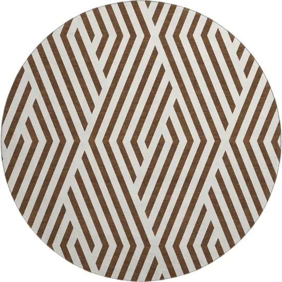 8' Brown And Ivory Geometric Washable Round Rug With UV Protection Photo 1