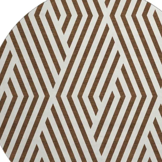 8' Brown And Ivory Geometric Washable Round Rug With UV Protection Photo 3