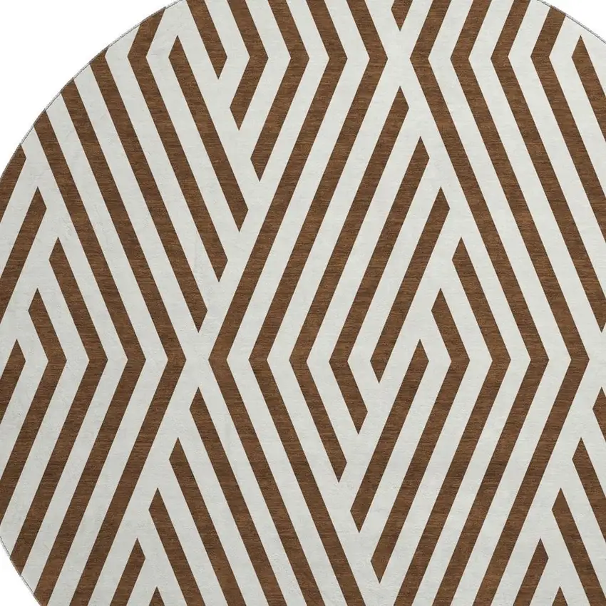8' Brown And Ivory Geometric Washable Round Rug With UV Protection Photo 3