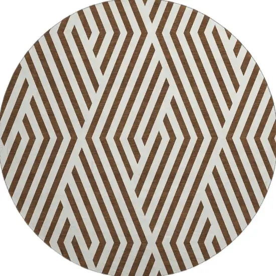 8' Brown And Ivory Geometric Washable Round Rug With UV Protection Photo 4
