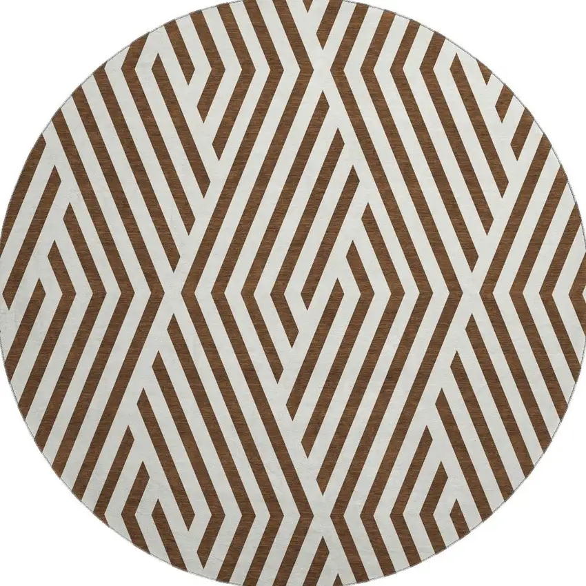 8' Brown And Ivory Geometric Washable Round Rug With UV Protection Photo 4