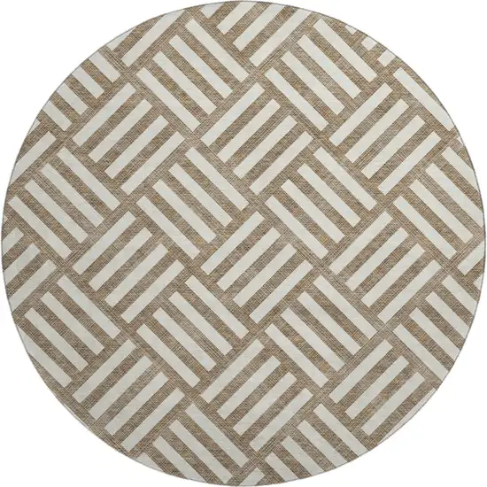 8' Brown And Ivory Geometric Washable Round Rug With UV Protection Photo 1
