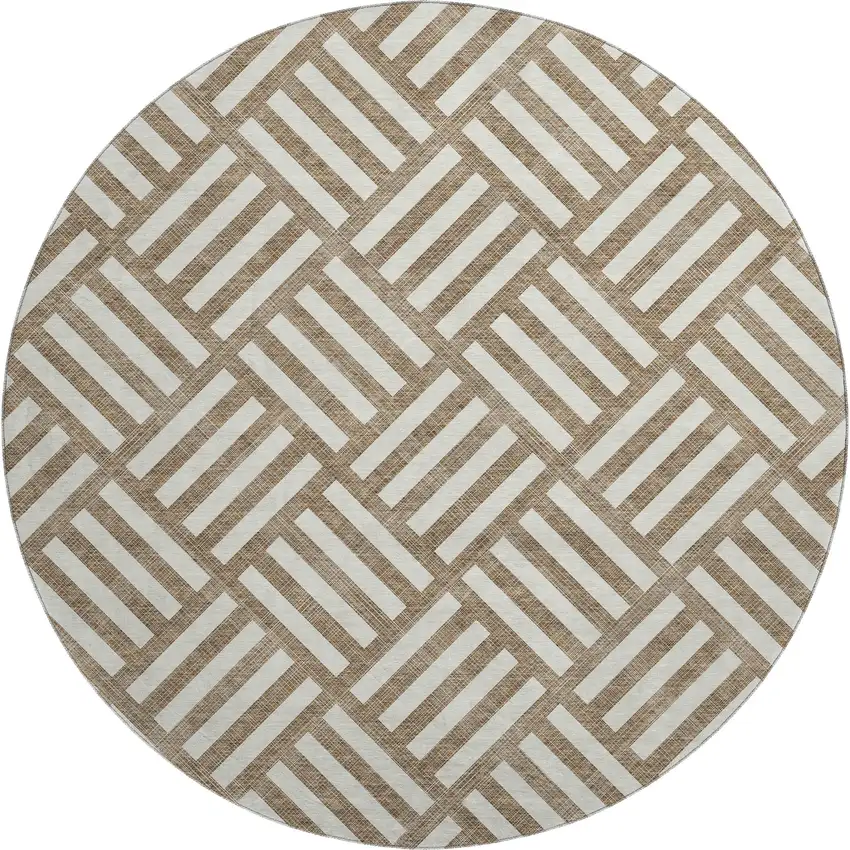 8' Brown And Ivory Geometric Washable Round Rug With UV Protection Photo 1