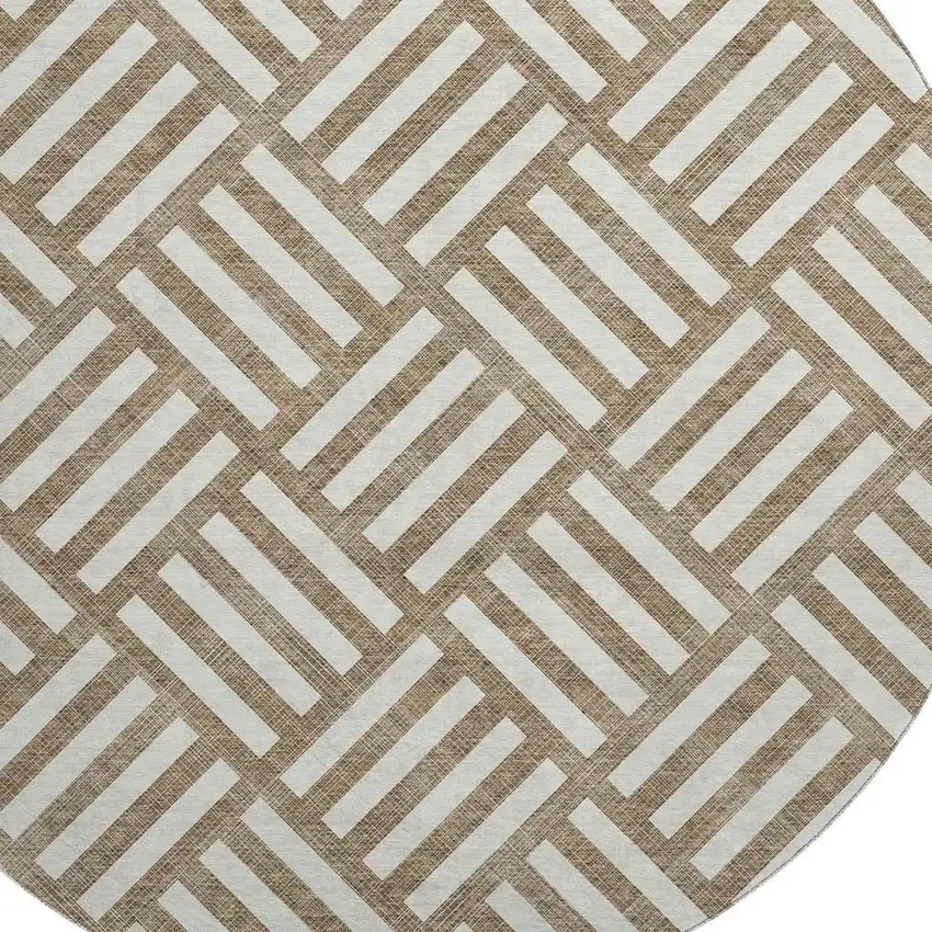 8' Brown And Ivory Geometric Washable Round Rug With UV Protection Photo 2