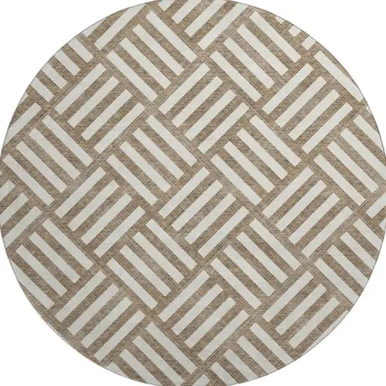 8' Brown And Ivory Geometric Washable Round Rug With UV Protection Photo 3
