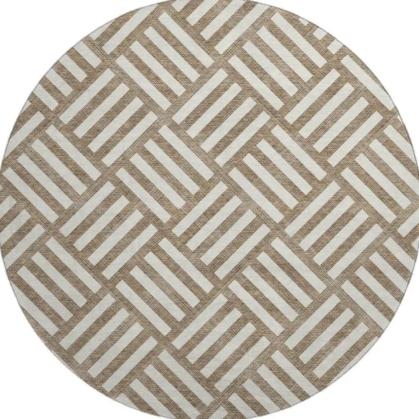 8' Brown And Ivory Geometric Washable Round Rug With UV Protection Photo 3