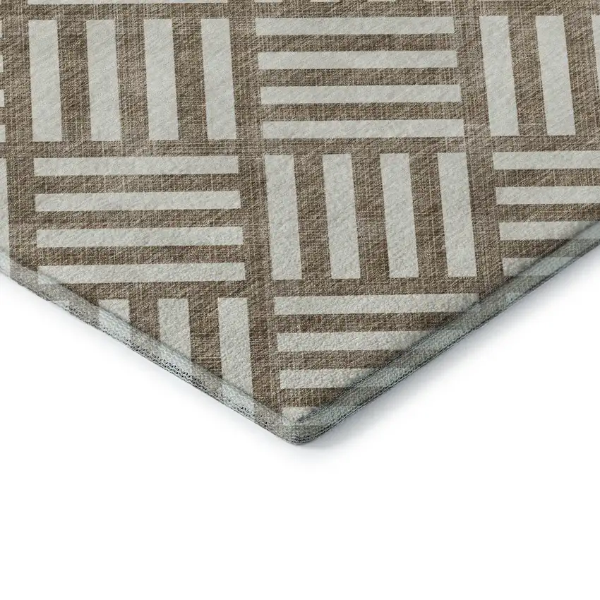 8' Brown And Ivory Geometric Washable Round Rug With UV Protection Photo 6