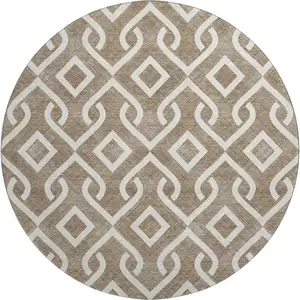 Photo of 8' Brown And Ivory Geometric Washable Round Rug With UV Protection