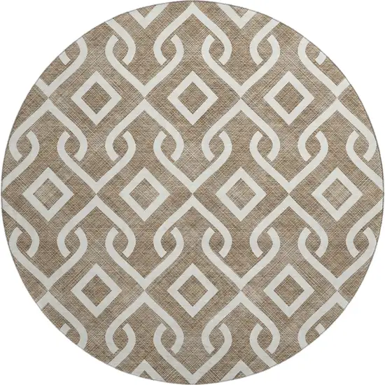 8' Brown And Ivory Geometric Washable Round Rug With UV Protection Photo 1