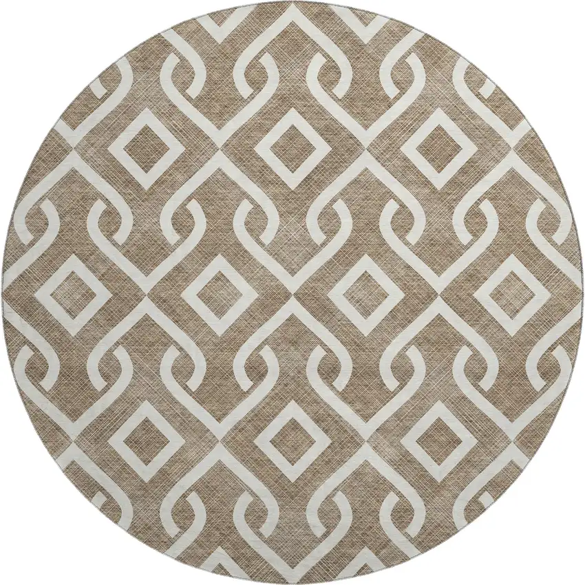 8' Brown And Ivory Geometric Washable Round Rug With UV Protection Photo 1