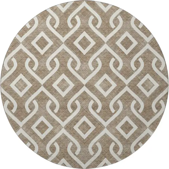 8' Brown And Ivory Geometric Washable Round Rug With UV Protection Photo 4