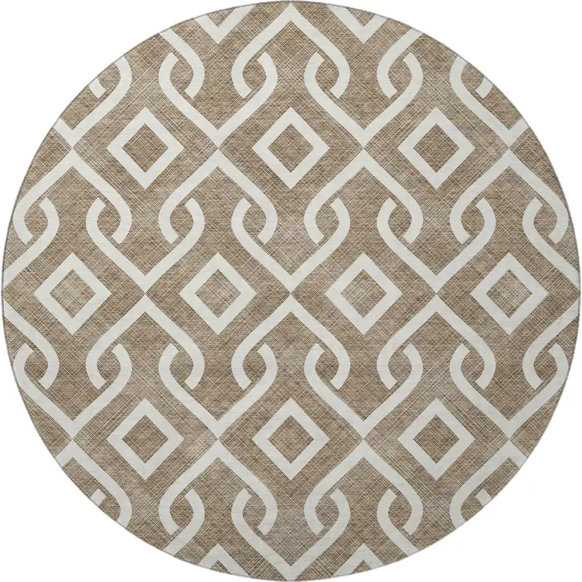 8' Brown And Ivory Geometric Washable Round Rug With UV Protection Photo 4