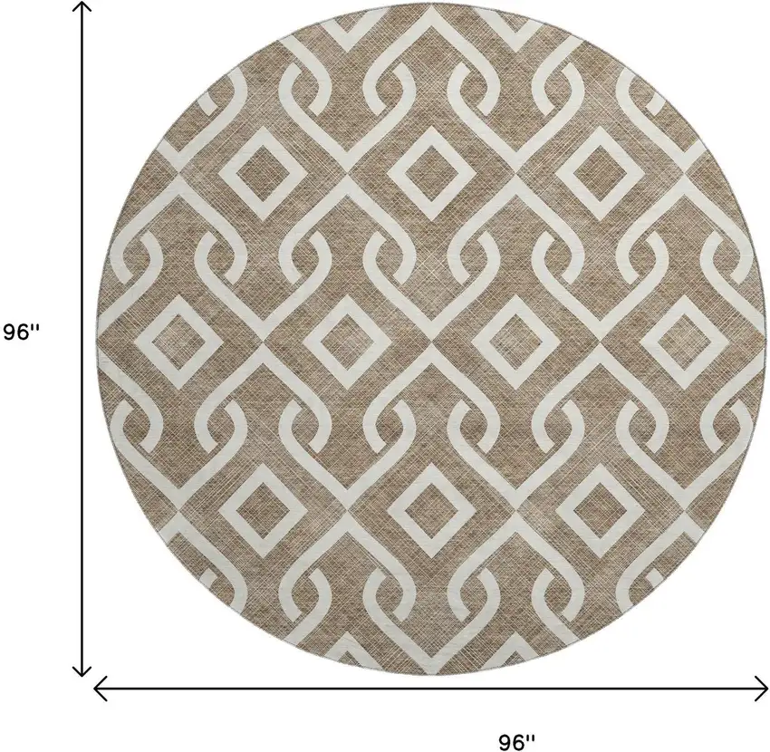 8' Brown And Ivory Geometric Washable Round Rug With UV Protection Photo 3
