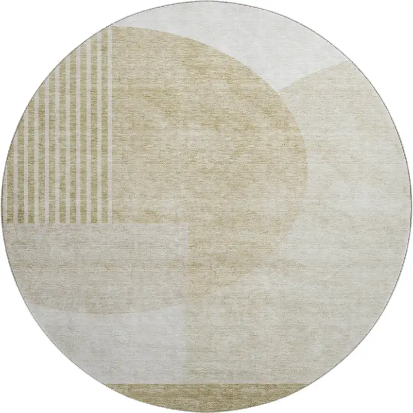 8' Brown And Ivory Geometric Washable Round Rug With UV Protection Photo 5