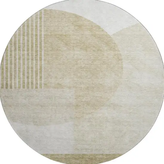 8' Brown And Ivory Geometric Washable Round Rug With UV Protection Photo 1