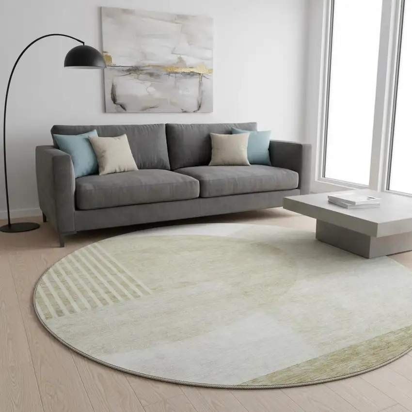 8' Brown And Ivory Geometric Washable Round Rug With UV Protection Photo 2