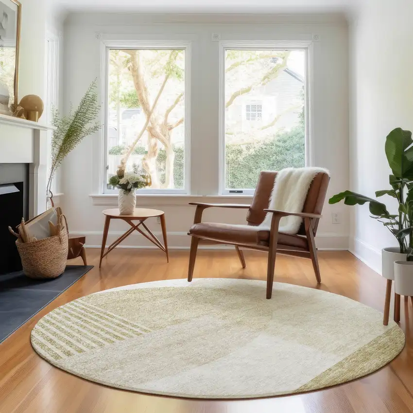 8' Brown And Ivory Geometric Washable Round Rug With UV Protection Photo 3