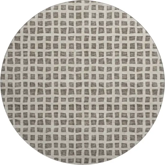 8' Brown And Ivory Geometric Washable Round Rug With UV Protection Photo 1