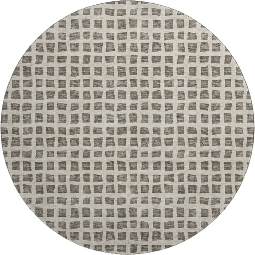 8' Brown And Ivory Geometric Washable Round Rug With UV Protection Photo 1