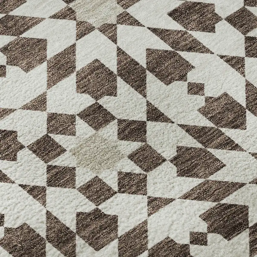 8' Brown And Ivory Geometric Washable Round Rug With UV Protection Photo 9