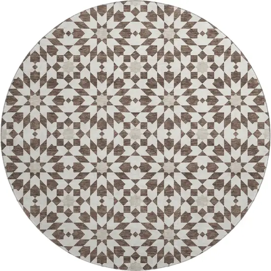 8' Brown And Ivory Geometric Washable Round Rug With UV Protection Photo 1