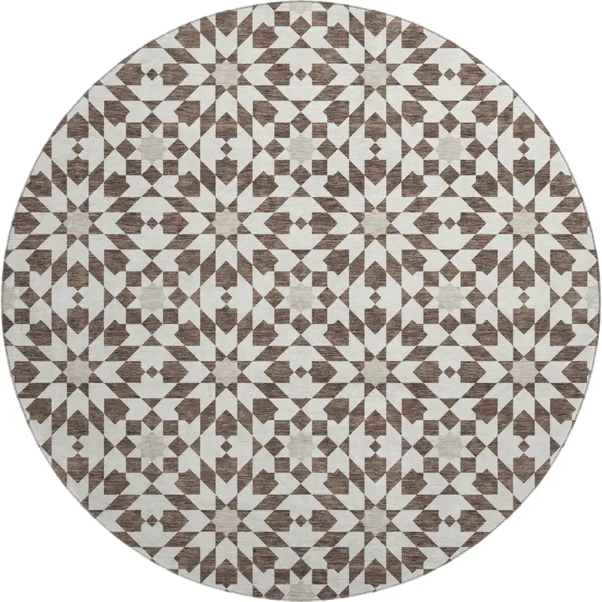 8' Brown And Ivory Geometric Washable Round Rug With UV Protection Photo 1