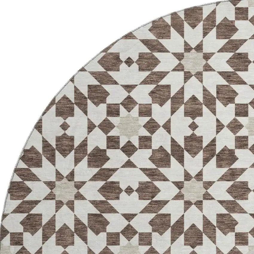 8' Brown And Ivory Geometric Washable Round Rug With UV Protection Photo 3