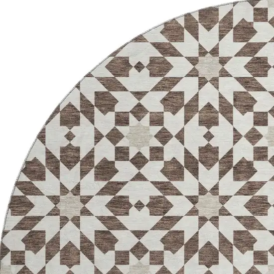 8' Brown And Ivory Geometric Washable Round Rug With UV Protection Photo 3