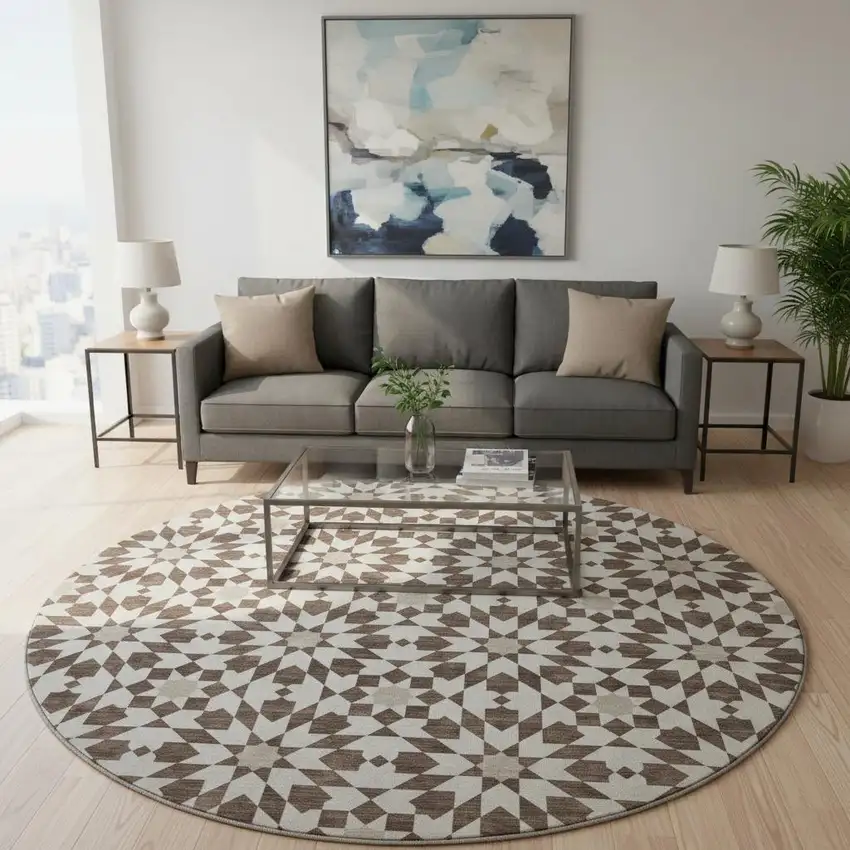8' Brown And Ivory Geometric Washable Round Rug With UV Protection Photo 2